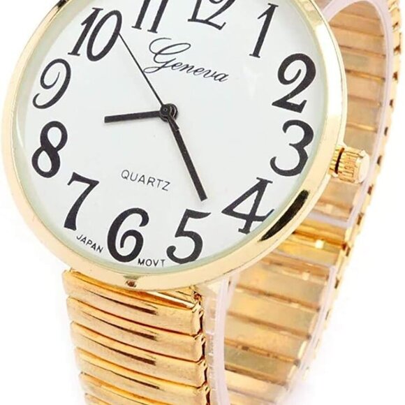 Ladies Large Number Face Stretch Band Watch Gold 1262G - Picture 1 of 9